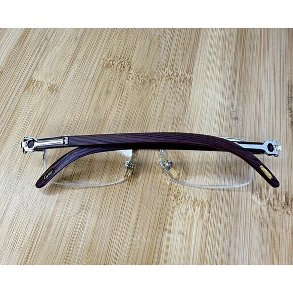 Cartier Platinum Men's Eyeglasses 54-19-140 Half Rim Wooden Temples FRAMES ONLY
